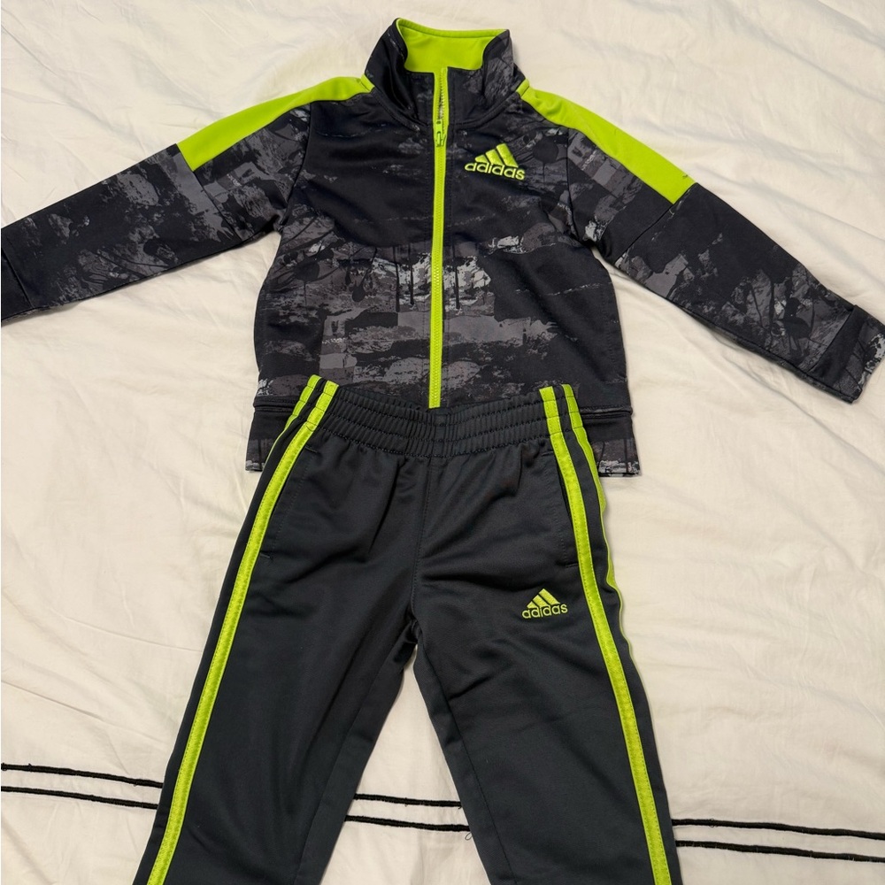Adidas Youth Black and Neon Green Athletic Set